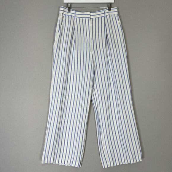 LOFT Pants Womens 8 White Stripe Linen Blend Pleated Wide Leg Nautical Beachy - Picture 1 of 14